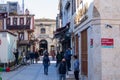 Cemberlitas square and column. People and mosques in the historical square