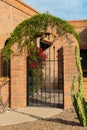 Cement brick archway with green vine plant on archway near key stone with front yard cactus and sidewalk path