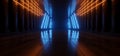 Cement Concrete Sci Fi Futuristic Cyber Neon Electric Laser Lights Glowing Orange Blue Tunnel Corridor Hallway Pillars Dark Royalty Free Stock Photo