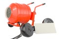 Cement mixer with blank business card and retro phone receiver. 3D rendering