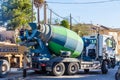 A cement mixer car in a construction site