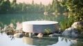 Cement podium in small river with beautiful nature,Concept scenes, stage performances, products, creams, perfumes, with space for