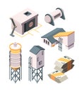 Cement production. Heavy industry concrete transport mixer and tanks vector isometric collection