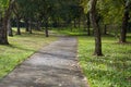 The cement road to the golf course is surrounded by trees, used for walking and providing golf carts