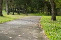 The cement road to the golf course is surrounded by trees, used for walking and providing golf carts