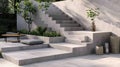 a cement staircase characterized by steps of varying heights and dimensions, accompanied by ample space for seating