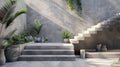 a cement staircase characterized by steps of varying heights and dimensions, accompanied by ample space for seating