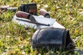 Cement Trowels And Tools On Grass At Construction Site Royalty Free Stock Photo