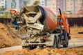Russia - October 2019: Cement truck at a construction site Royalty Free Stock Photo