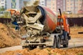 Russia - October 2019: Cement truck at a construction site