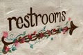 Cement wall with colorful sign that reads `restroom` Royalty Free Stock Photo