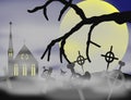 Cemetery on a foggy full moon night, colors, goth, horror. Royalty Free Stock Photo