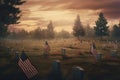 Painting of a cemetery with American flags in the foreground Royalty Free Stock Photo