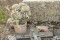 Close-up of an ancient grave decorated with a time-worn flower pot and a cross and christ