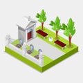 Cemetery concept 3d Isometric view elements of graves with cross and gravestone. Vector illustration of graveyard and