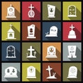 Cemetery crosses and gravestones flat icons with long shadow