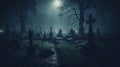 Cemetery with a darksynth vibe, the scene capturing the eerie and atmospheric nature of the graveyard under lights