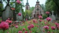 Cemetery flowers with church and grave stone, detailed scene with camera movement