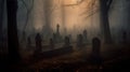 a cemetery in a foggy forest with tombstones in the foreground and a cross in the middle of the cemetery, with a full moon in the