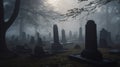 a cemetery with a foggy graveyard in the foreground and a few headstones in the foreground, with trees in the background