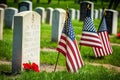 Cemetery Grave with American Flag. Memorial day. AI Royalty Free Stock Photo