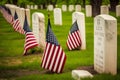 Cemetery Grave with American Flag. Memorial day. AI