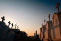 Cemetery or graveyard in the evening with sunset sky. Headstone and cross tombstone cemetery. Rest in peace. Funeral concept.