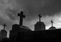 Cemetery or graveyard in the night. Haunted cemetery. Spooky burial ground. Horror scene of graveyard. Funeral and cemetery rules Royalty Free Stock Photo