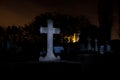 Cemetery graveyard tombstones cross night, Leuven, Belgium