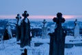 Cemetery, Graveyard with Tombstones Winter at Dawn Royalty Free Stock Photo