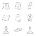 Cemetery icons set, outline style