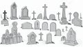 Cemetery landscape at night, tombstone with RIP inscription, cartoon. Gravestones with cross, angel figure, ossuary or