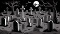 Cemetery landscape at night, tombstone with RIP inscription, cartoon. Gravestones with cross, angel figure, ossuary or