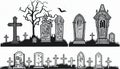 Cemetery landscape at night, tombstone with RIP inscription, cartoon. Gravestones with cross, angel figure, ossuary or