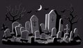 Cemetery landscape at night, tombstone with RIP inscription, cartoon. Gravestones with cross, angel figure, ossuary or