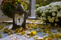 Cemetery lantern with autumn leaves