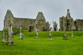 The cemetery in the medieval monastery of Clonmacnoise, Ireland, during a rainy summer day