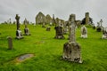 The cemetery in the medieval monastery of Clonmacnoise, Ireland, during a rainy summer day