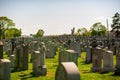 Cemetery with multiple gravestones and statues situated in the grass