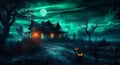 cemetery night bat grave dark horror halloween pumpkin moon holiday. Generative AI. Royalty Free Stock Photo
