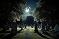 cemetery at night, with a full moon shining down on the graves and headstones