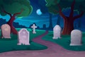 Cemetery night landscape with isometric tombstone and cross vector illustration