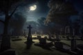 cemetery at night, with the moon casting a peaceful and ethereal glow over the gravestones