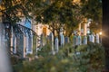 Cemetery in Sarajevo at night. White pillars standing between the green foliage and trees. Image photo of muslim cemetery Royalty Free Stock Photo