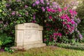Cemetery in the spring with beautifully blooming flowers and trees, the concept of sadness and