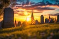 A cemetery at sunset with American flags prominently displayed in the foreground, A beautiful sunset over a national cemetery with Royalty Free Stock Photo