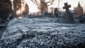 Cemetery tombstone, headstone or stone in a cold autumn or fall frost Royalty Free Stock Photo