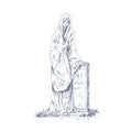 Cemetery tombstone with sculpture. Vintage catholic gravestone with statue. Christian headstone of tomb. Gothic funeral Royalty Free Stock Photo