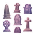 Cemetery tombstones, graveyard buildings icons set Royalty Free Stock Photo