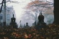 a cemetery with tombstones in the middle of a foggy day